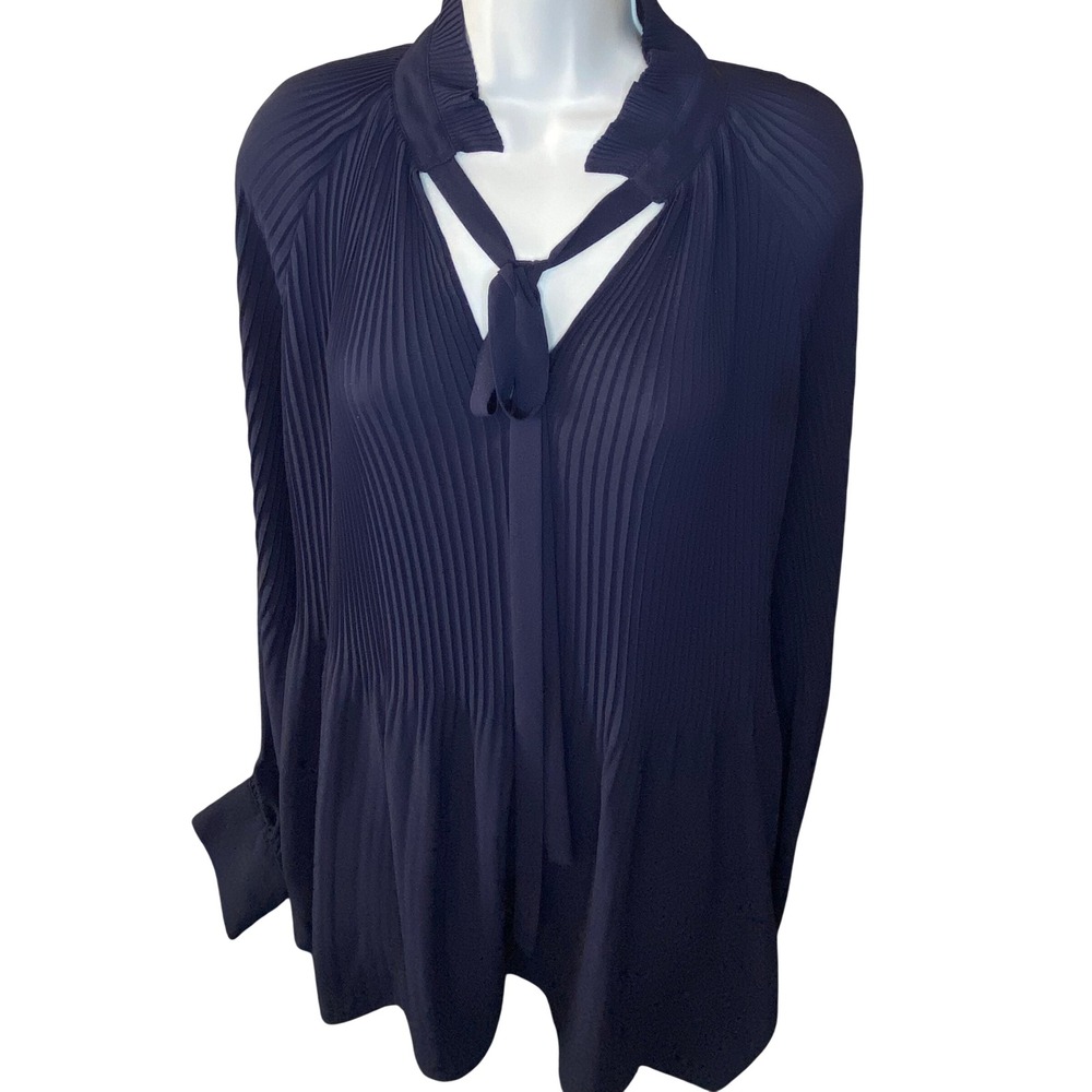 Banana Republic Navy Blue Pleated Tie Neck Blouse Long Sleeve Top L